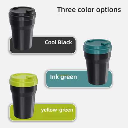 Portable car ashtray in three color options: cool black, ink green, and yellow-green, designed for universal use with a sleek...