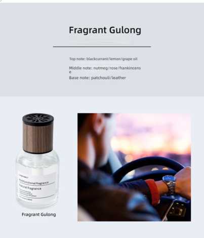Premium car perfume diffuser featuring fragrant gulong scent, with notes of blackcurrant, nutmeg, and patchouli, shown in use...