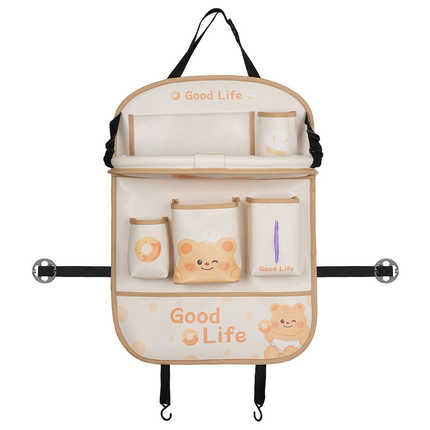 Cartoon-themed car seat back table and storage bag featuring cute bear designs, multiple pockets, and a good life motif for c...
