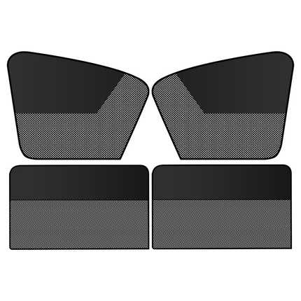 Four-piece magnetic double-panel car sunshade curtain set, featuring sleek black design with perforated lower sections for ve...