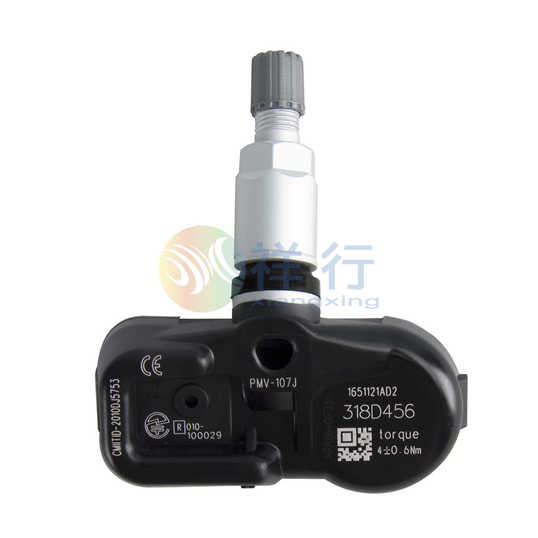 Tpms sensor pmv107j for toyota, lexus, and scion vehicles, featuring a robust design with detailed specifications and a qr co...