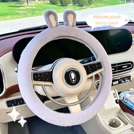 Cozy rabbit ear plush steering wheel cover for winter, soft and warm with delicate design – perfect for cold hands