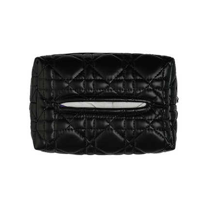 Elegant black quilted leather car tissue box armrest cover, featuring a sleek design and convenient tissue slot for easy acce...