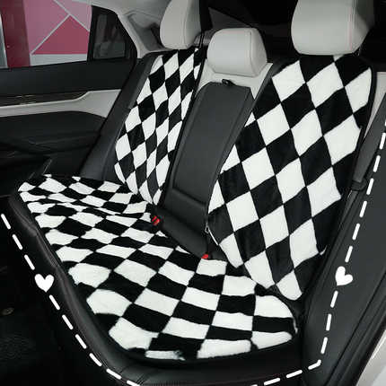 Black & white checkered plush car seat cushion – winter thick warm for backseat comfort