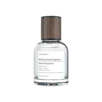 Premium car perfume diffuser with natural fragrance, featuring a sleek glass bottle and wooden cap for elegant odor eliminati...