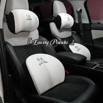 White and black panda memory foam car headrest & lumbar pillow set, featuring cute panda designs for comfortable driving.