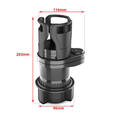 Patented multi-functional car cup holder extender with dimensions 203mm x 116mm x 96mm, featuring a sleek black design and ad...