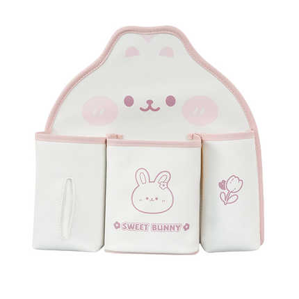 Cute cartoon bunny-themed leather car seat back storage bag with sweet bunny design, featuring three compartments for organiz...