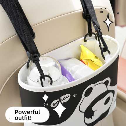 Panda-themed car trash can with leather seat back bin, featuring a playful design and practical storage for on-the-go conveni...