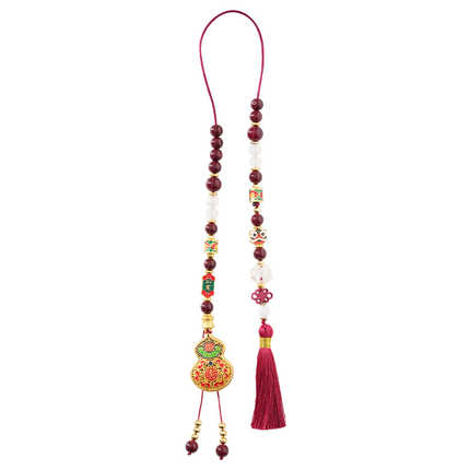 Elegant fu lu ping an car pendant featuring handmade beaded design with red tassel and golden charm, perfect for rearview dec...