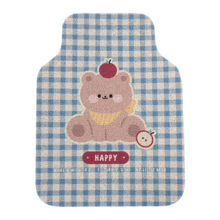 Cute cartoon bear car floor mat with blue gingham pattern, loop design, all-season and anti-stain functionality.