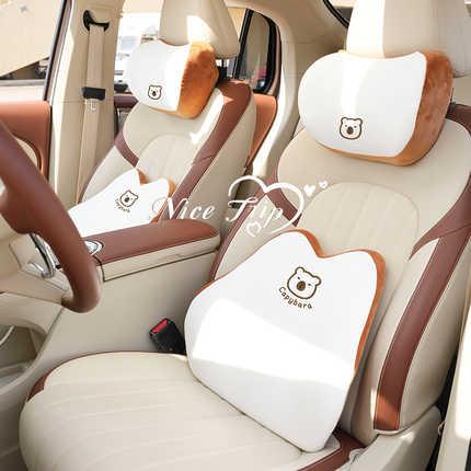 Kapibala plush memory foam car headrest pillow with adorable bear design, enhancing comfort in a stylish beige and brown car ...