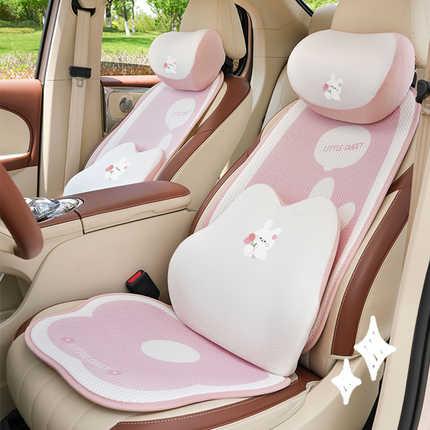 Adorable tulip bunny memory foam car headrest pillow with matching seat cushion, featuring soft pink and white design for coz...
