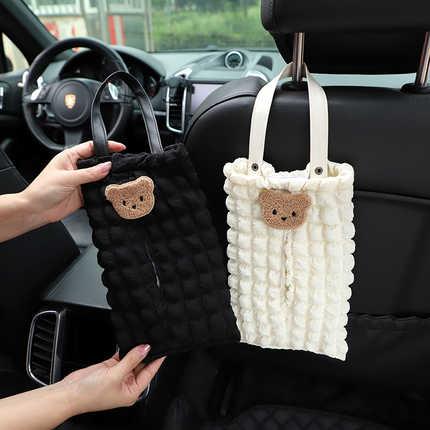 Premium puff & co. bear car tissue box in black and white, featuring a cute bear design, held by hands inside a car for easy ...