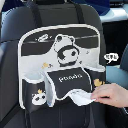 Car seat back storage bag featuring a panda design, with multiple compartments and a tissue holder for convenient organizatio...