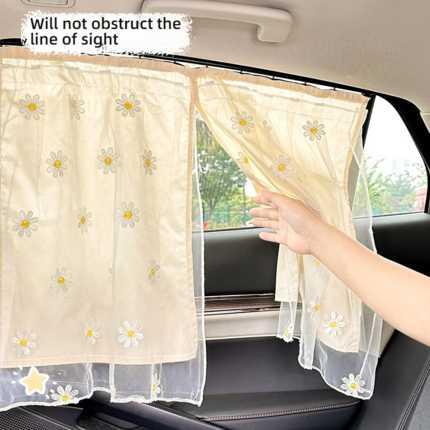 Double-layer track-mounted baby car sunshade curtain with floral design, ensuring visibility while providing shade.