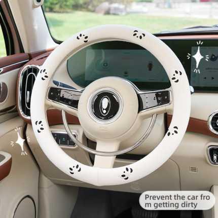 Cute cartoon steering wheel cover with paw prints, breathable and all-season design to prevent dirt on your cars interior.
