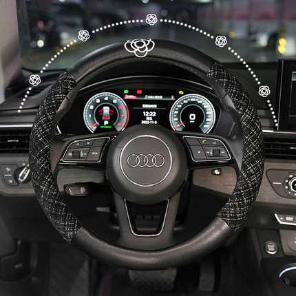Camellia cotton-linen steering wheel cover - all-season, featuring a textured black design for enhanced grip and comfort in a...