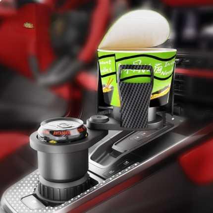 Patented multi-functional car cup holder extender securely holds a can and a cup, enhancing convenience in your vehicles inte...