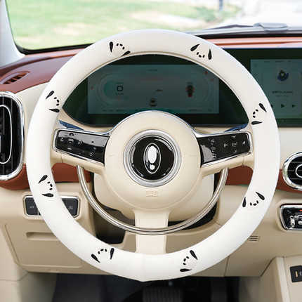 Cartoon Car Steering Wheel Cover - Soft & Breathable | Wholesale & Custom Logo - Cotton and linen embroidered black and white dog head steering wheel cover