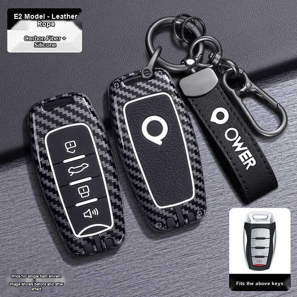 Leather key cover for gwm cannon, featuring carbon fiber and silicone design, shown with keys before and after application.