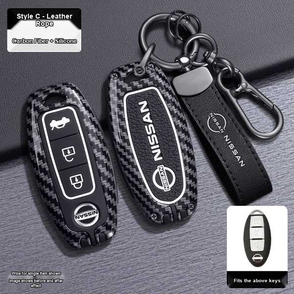 Carbon fiber and silicone nissan key cover for altima 2021, sentra, x-trail, qashqai, featuring a sleek design with leather r...