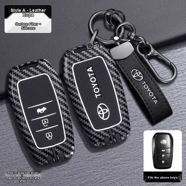 Premium toyota key cover with carbon fiber and silicone design, featuring a leather rope strap, compatible with camry, coroll...