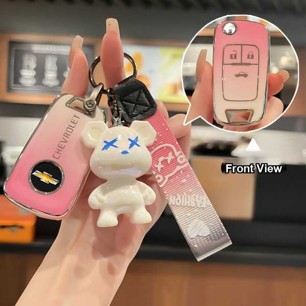 Chevrolet key cover for malibu, cruze, trax, equinox featuring a pink gradient design with a cute bear charm and front view o...
