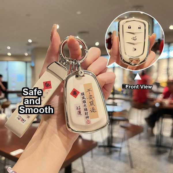 Safe and smooth cadillac key cover for xt5, xt4, xt6, ats, ct6, xts, featuring elegant design with chinese characters for goo...