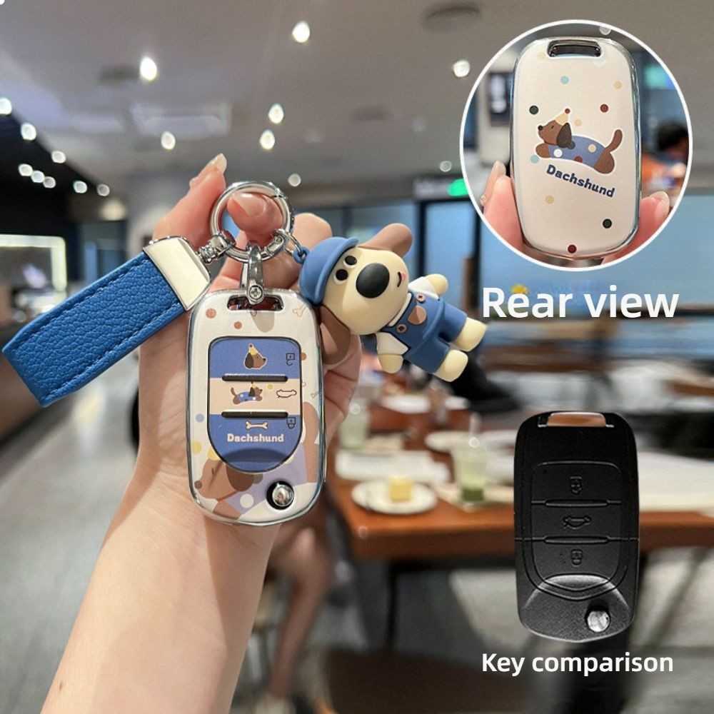 Wuling Hongguang Mini Key Cover - Cute & Stylish | Wholesale & Custom Logo - Style A [Dachshund - Double-sided] Blue leather cord + Palmyra dog plush toy