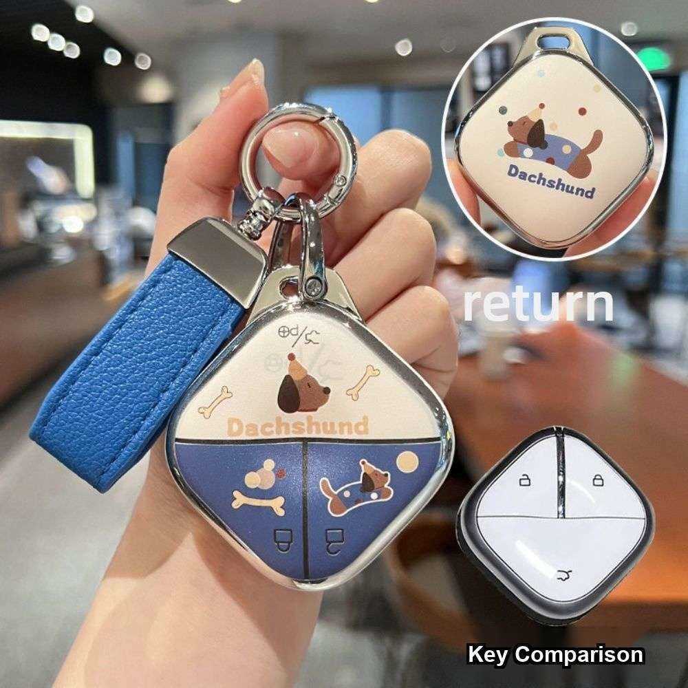 Wuling Hongguang Mini Key Cover - Cute & Stylish | Wholesale & Custom Logo - Style E [Dachshund - Double-sided] Blue Leather Cord