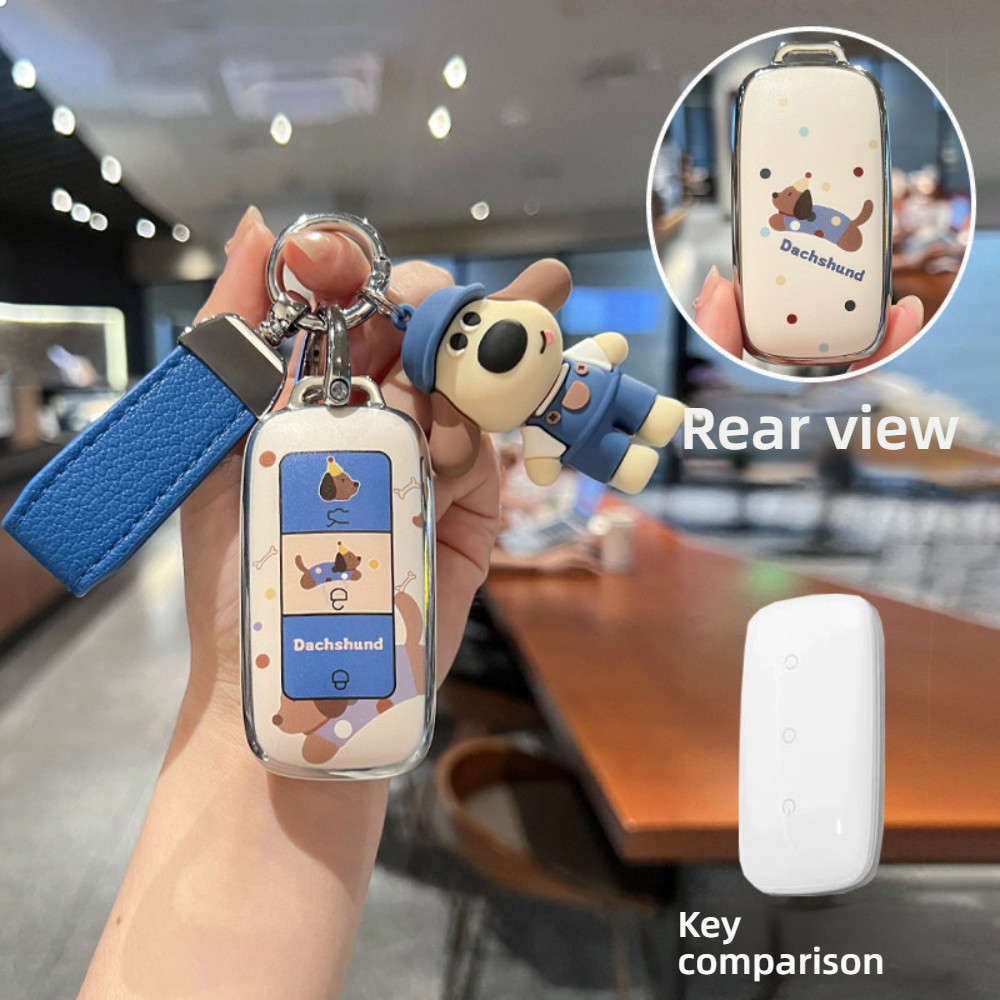Geely Galaxy E5 Key Cover - Durable & Stylish | Wholesale & Custom Logo - Type G [Dachshund - Double-sided] Blue leather cord + Palmyra dog plush toy
