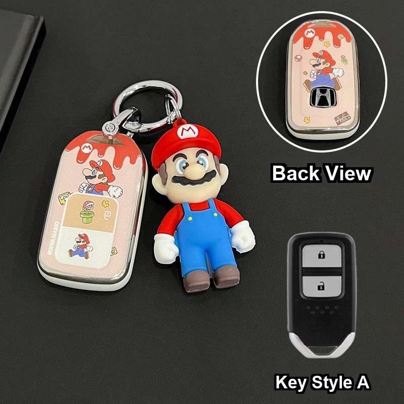 Honda CRV Key Cover - Durable & Stylish | Wholesale & Custom Logo - Style A: Mario - Double-sided Silver Ring Buckle + Mario Figurine