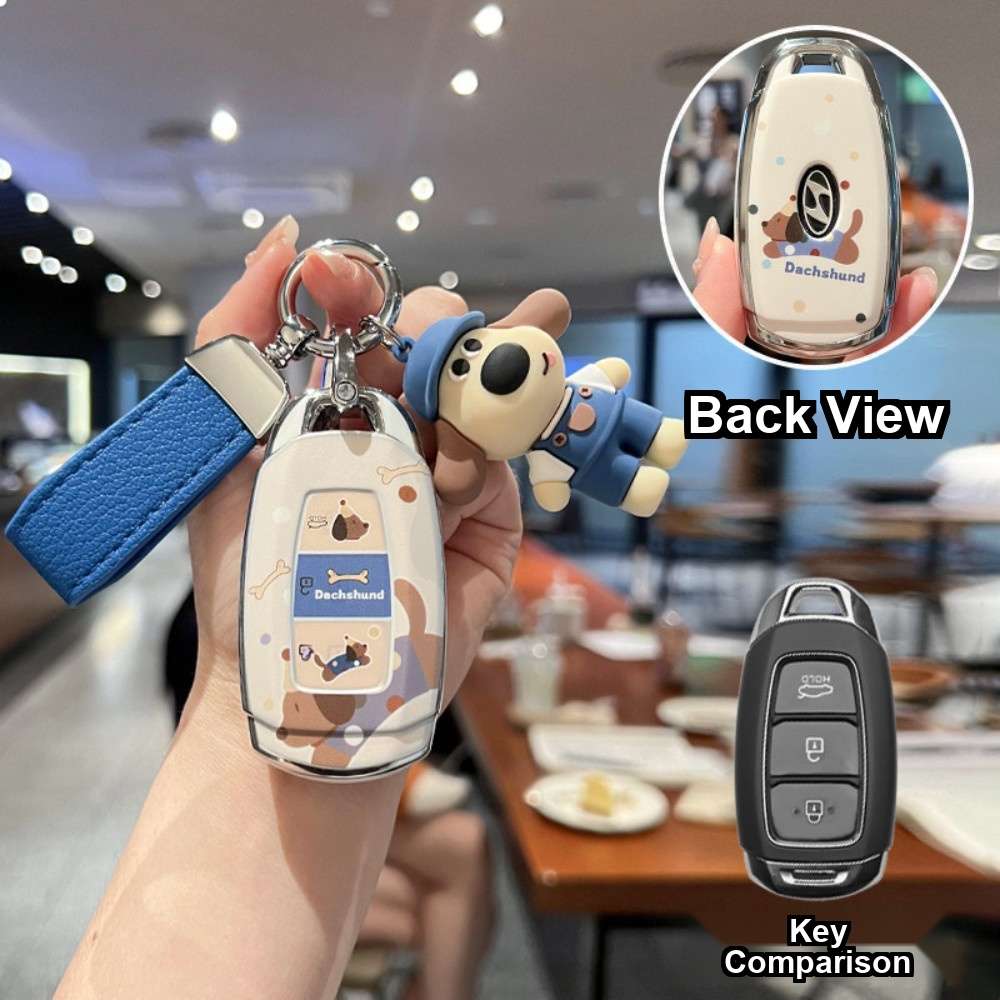 Hyundai Key Cover - Stylish & Durable | Wholesale & Custom Logo - Style I: Dachshund - Double-sided Blue Leather Cord + Palmyra Dog Plush Toy