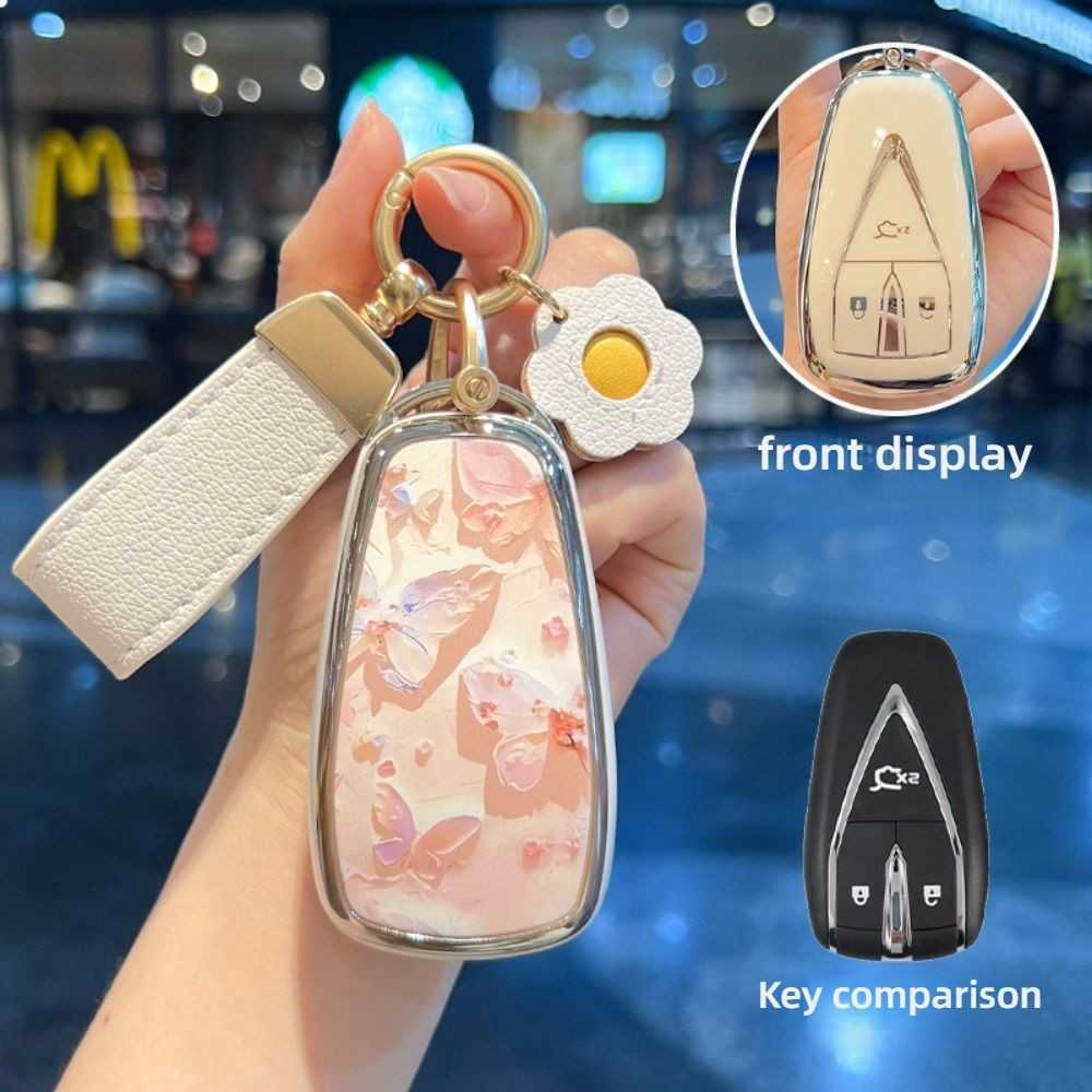 Changan A07 Key Cover - Stylish & Protective | Wholesale & Custom - Style E [Oil Painting Butterfly] White Leather Cord + Sunflower