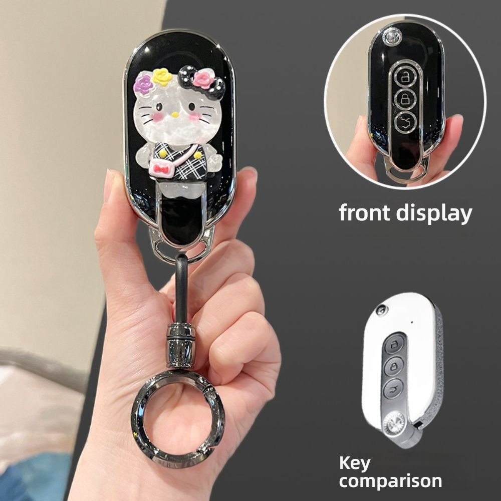 Cute Wuling Hongguang Mini Key Cover - Soft & Adorable | Wholesale & Custom Logo - Style D [Black and Silver KT Cat Sticker] High-End Black Round Ring Buckle