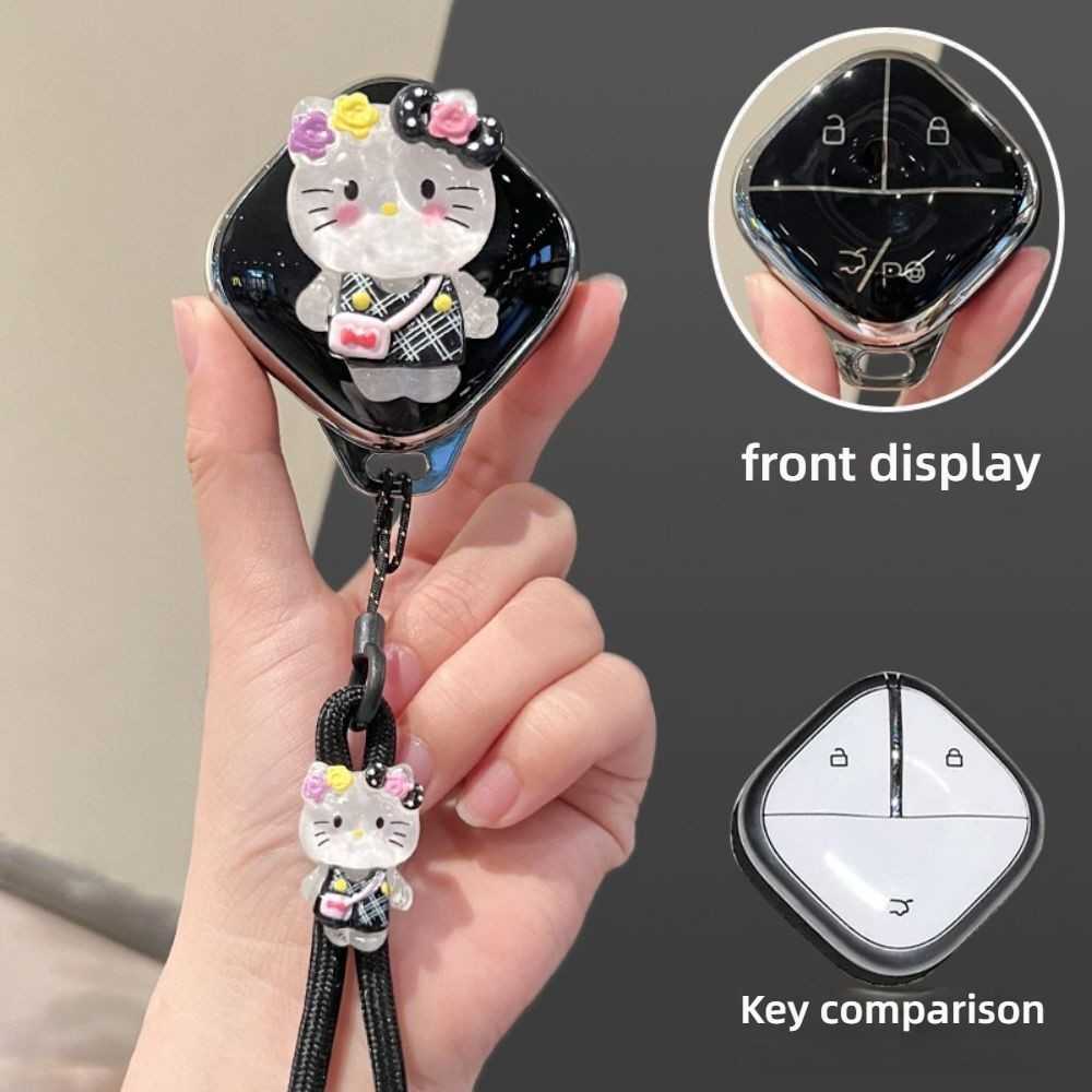 Cute Wuling Hongguang Mini Key Cover - Soft & Adorable | Wholesale & Custom Logo - Style E [Black and Silver Hello Kitty Sticker] Hello Kitty Lanyard