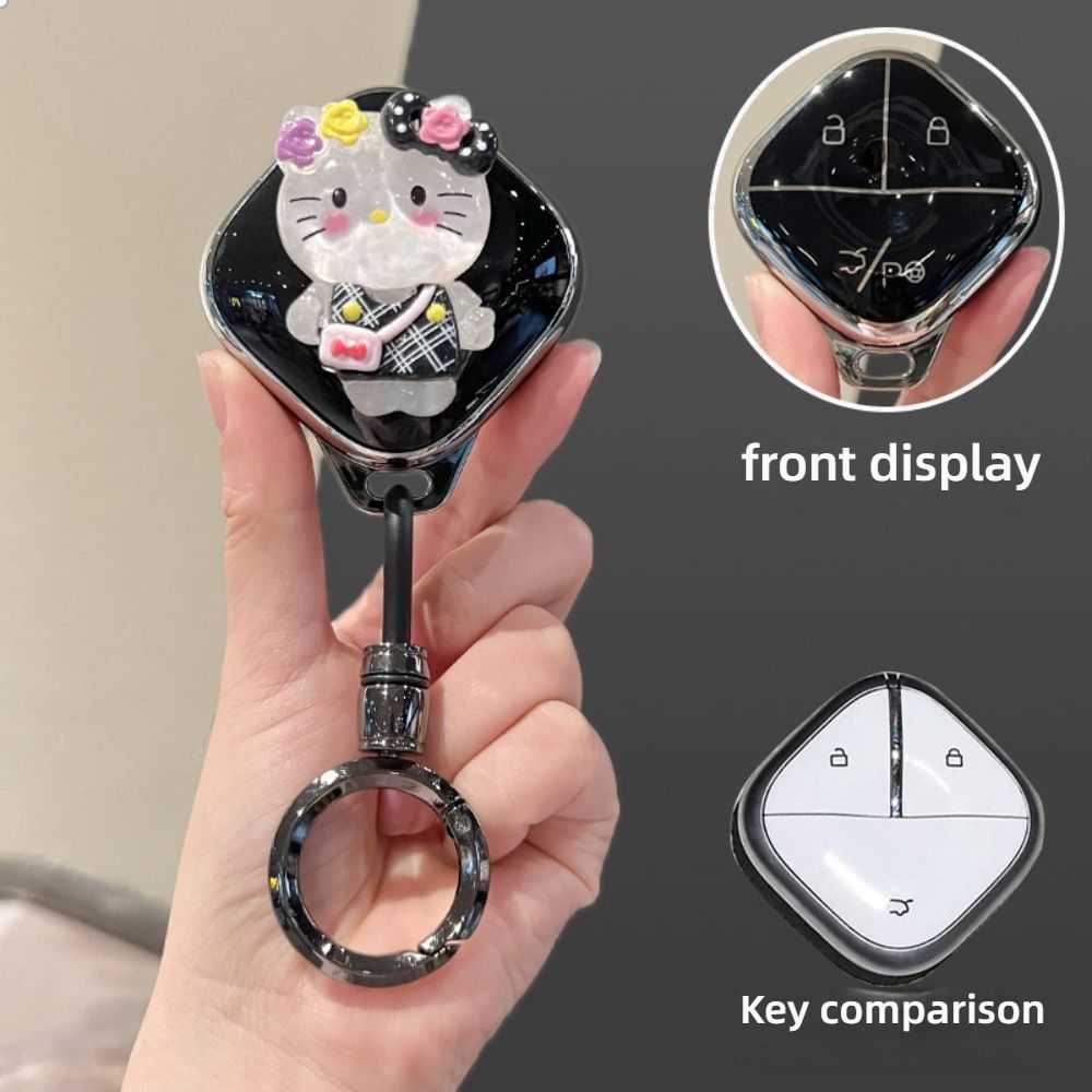 Cute Wuling Hongguang Mini Key Cover - Soft & Adorable | Wholesale & Custom Logo - Style E [Black and Silver KT Cat Sticker] High-End Black Round Ring Buckle