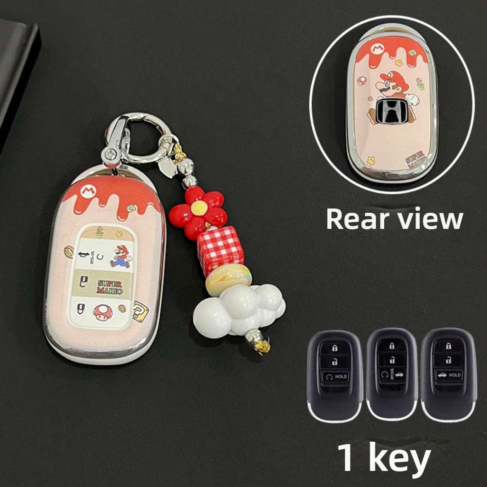 Honda Key Cover - Foldable & Durable | Wholesale & Custom Logo - Style I [Mario - Double-sided] Silver Ring Buckle + Red Checkered Cloud