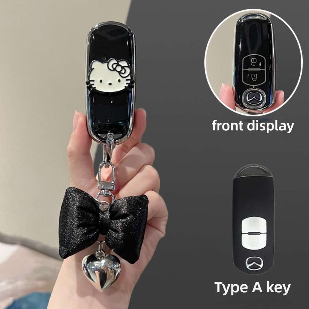 Mazda Key Cover - Durable & Stylish | Wholesale & Custom Logo - Style A [Black, Silver and White Cat Patch] with Black Bow