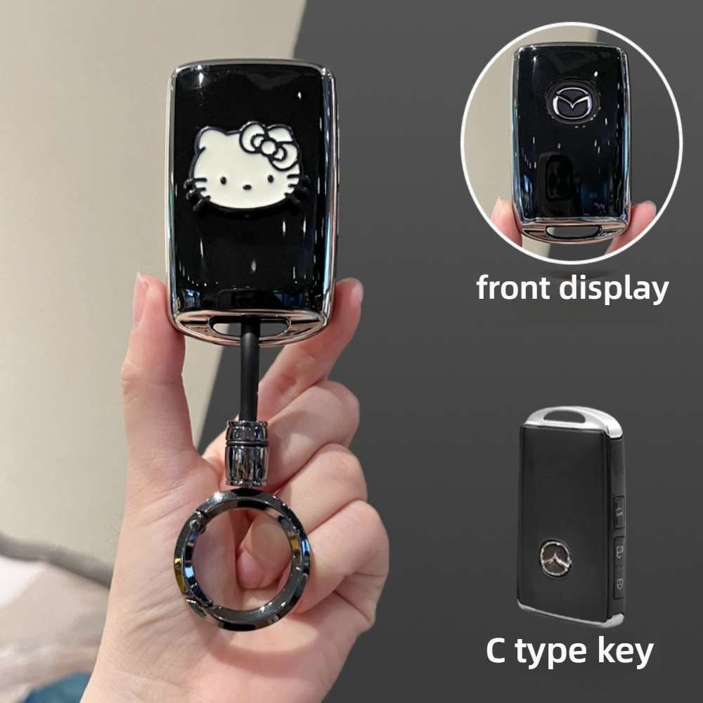 Mazda Key Cover - Durable & Stylish | Wholesale & Custom Logo - Style C [Black, Silver and White Cat Sticker] High-end Round Ring Buckle