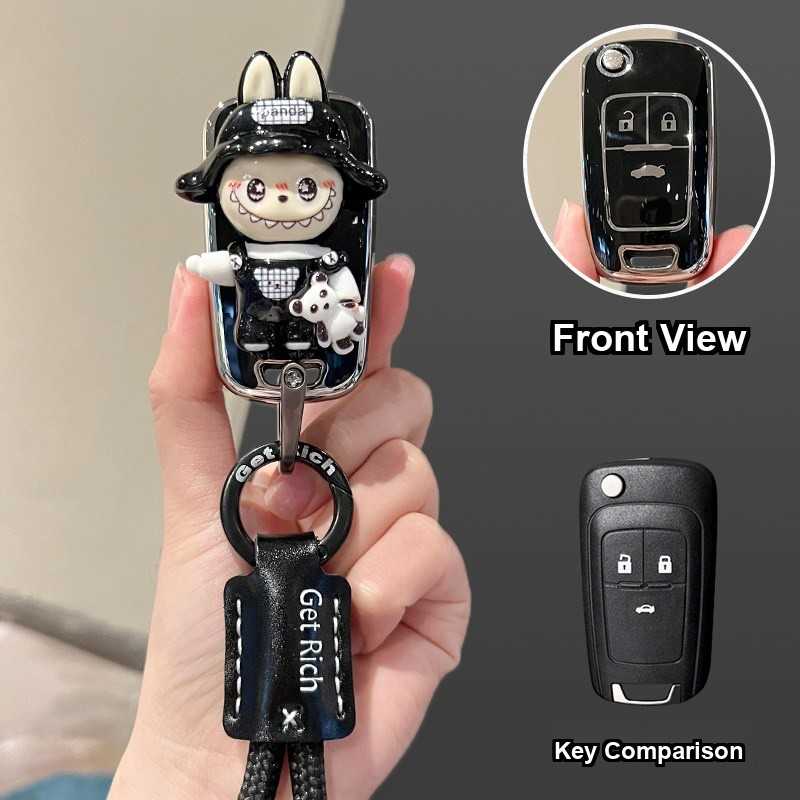 Buick Excelle Key Cover - Stylish & Durable | Wholesale & Custom Logo - Style B12 [Black Panda Fabric Patches] Black Letter Braided Rope