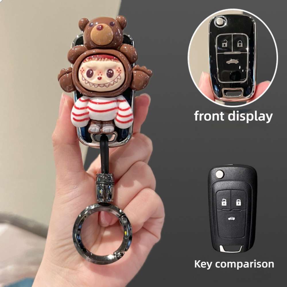 Buick Excelle Key Cover - Stylish & Durable | Wholesale & Custom Logo - Style B12 [Brown Bear Fabric Patch] High-end Round Ring Buckle