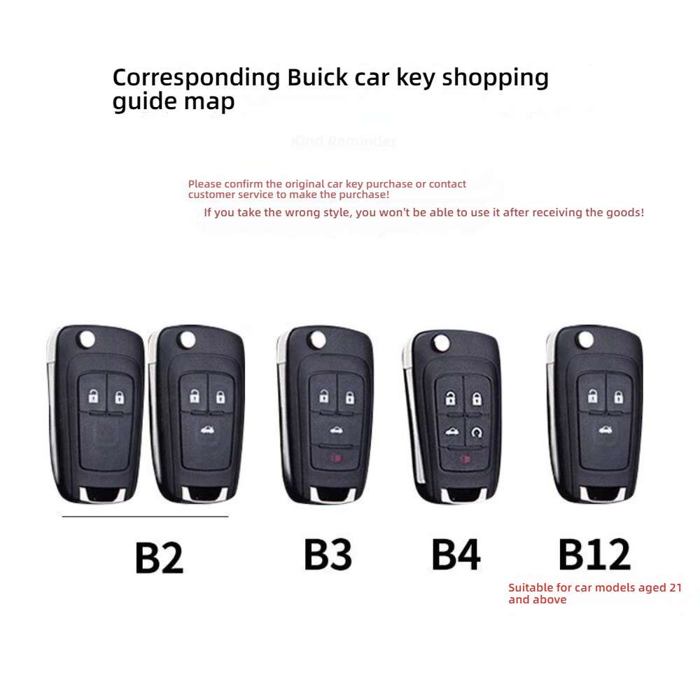 Buick car key shopping guide map featuring b2, b3, b4, and b12 key styles for models aged 21 and above.