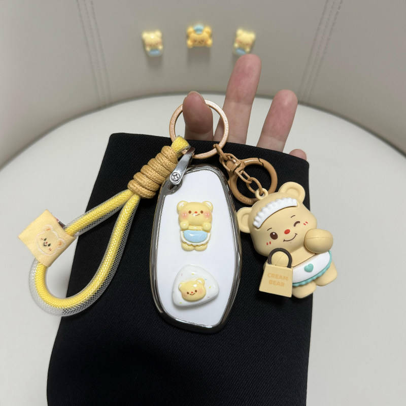 Cute great wall h6 car key cover featuring a full shell design with adorable bear-themed accessories, including a yellow rope...