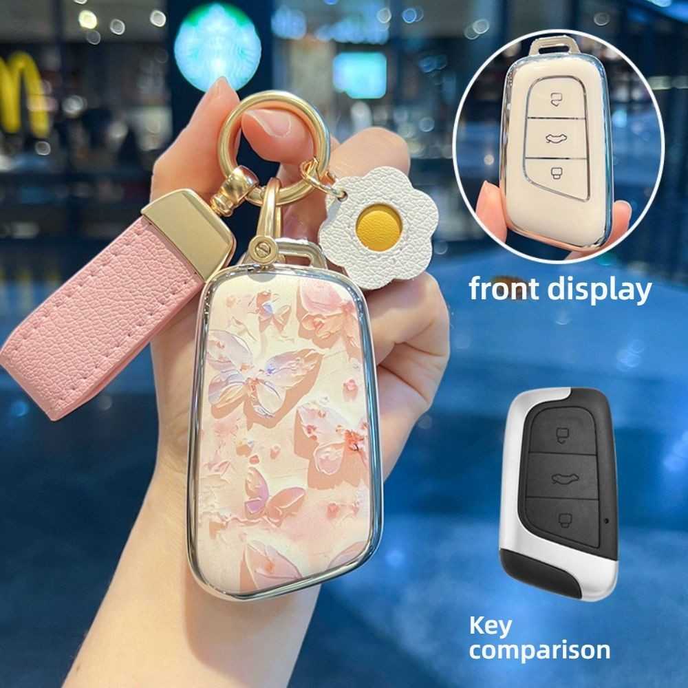 Chery Arrizo 8 Key Cover - Durable & Stylish | Wholesale & Custom - Style C: [Oil Painting Butterfly] Pink Leather Cord + Sunflower