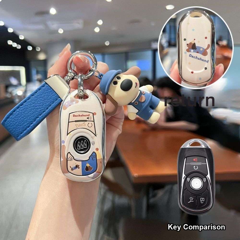 Buick Envision Key Cover - Cartoon Design | Wholesale & Custom Logo - B9 [Dachshund - Double-sided] Blue leather cord + Palmyra dog plush toy