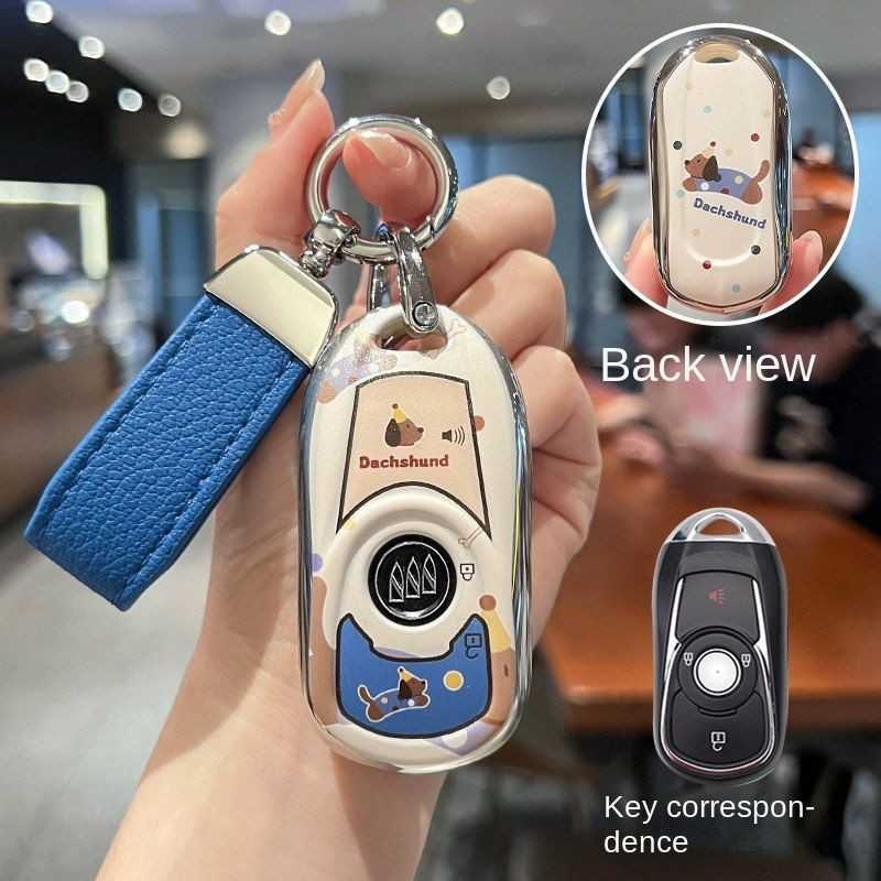Buick Envision Key Cover - Cartoon Design | Wholesale & Custom Logo - Style B6 [Dachshund - Double-sided] Blue Leather Cord