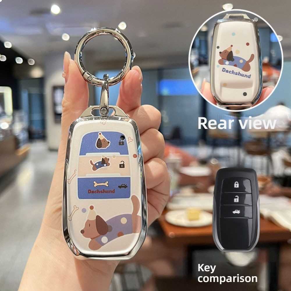 Toyota Key Cover - Durable & Stylish | Wholesale & Custom Logo - Style B [Dachshund - Double-sided] Silver Round Ring Buckle