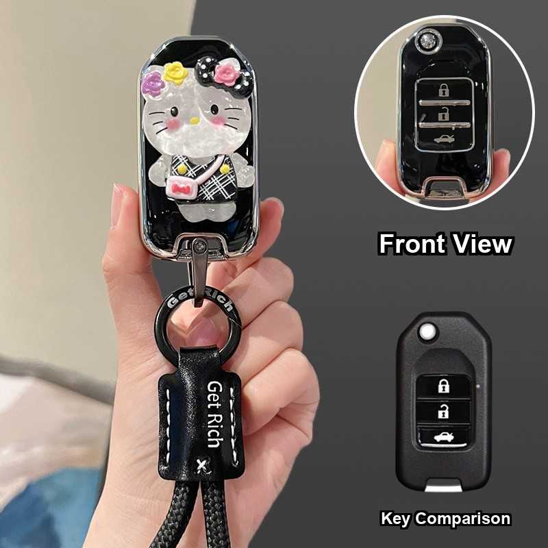 Honda Key Cover - Durable & Stylish | Wholesale & Custom Logo - Style E [Black and Silver KT Cat Sticker] Black Cowhide Braided Rope